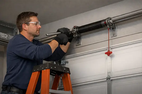 Man on a ladder adjusting a garage door spring.